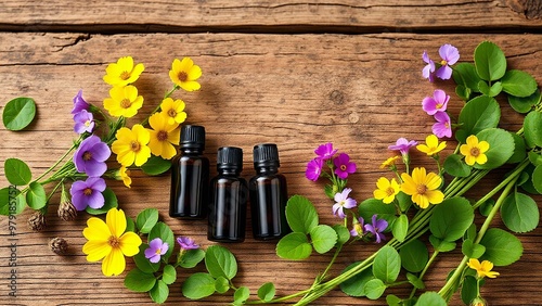 Rustic Table, Essential Oils, Dark Glass Bottles, Wildflowers Arrangement, Yellow Buttercups, Purple Clovers, Pink Clovers, Natural Lighting
