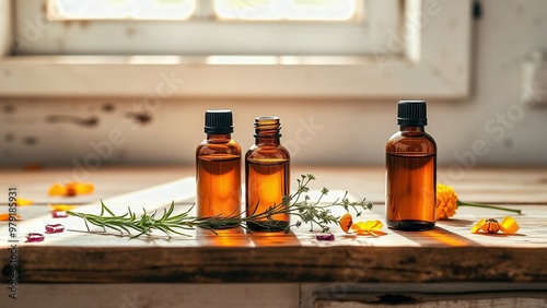 Rosemary Thyme Calendula, Aromatic Oil Arrangement, Peaceful Herbal Setting, Cozy Wellness Scene