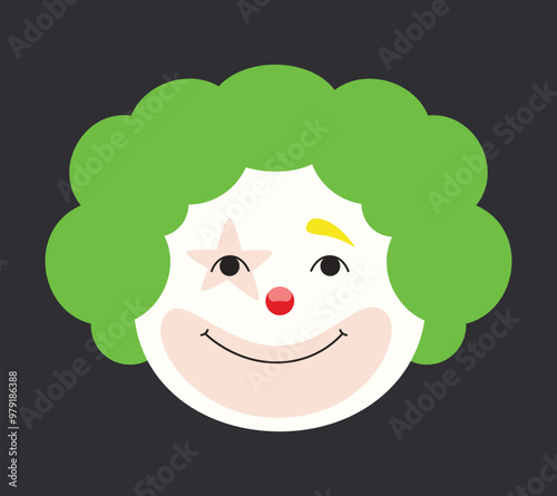 Portrait of clown with green hair. Funny circus character.