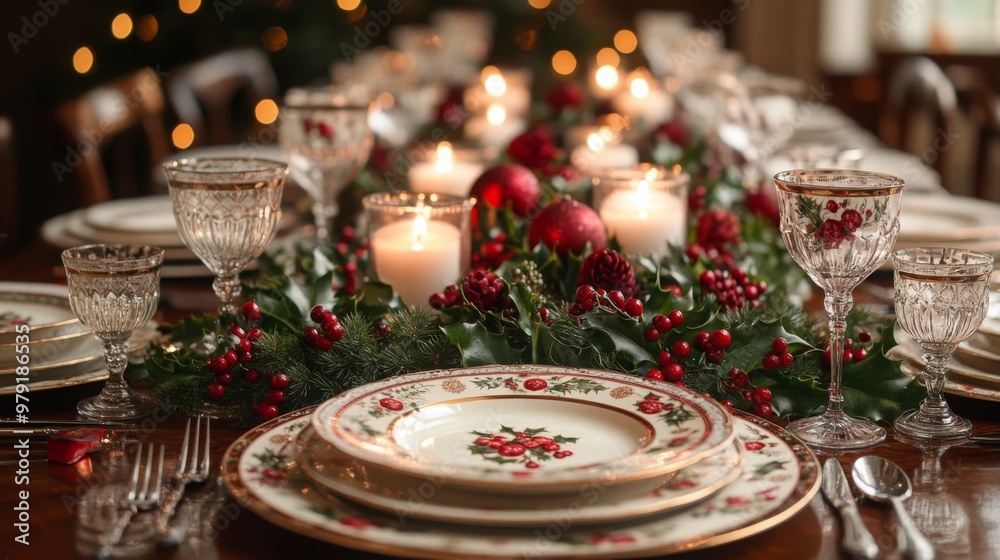 Festive Christmas Table Setting: A close-up of a beautifully decorated Christmas table setting, featuring a white tablecloth, elegant china, candles, holly, and red ornaments. The warm lighting creat Festive Christmas Table Setting: A close-up of a beautifully decorated Christmas table setting, featuring a white tablecloth, elegant china, candles, holly, and red ornaments. The warm lighting creat