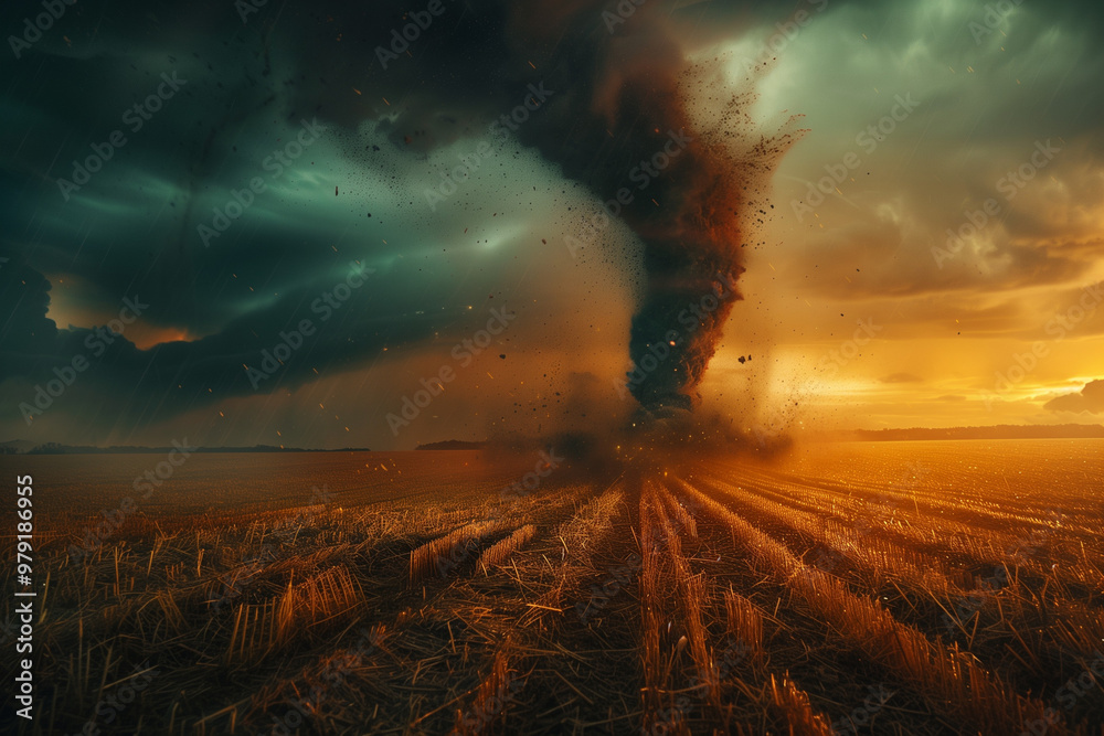 Fototapeta premium Tornado ripping through a farm field showcasing the destructive power of nature and highlighting climate change dangers