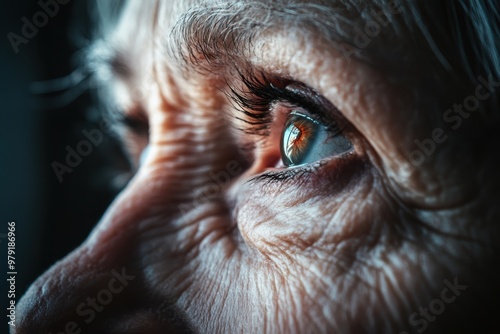 close up of an eye of a person, women for theme of eye issue presbyopia, glaucoma, dry eyes, cataracts and age-related macular degeneration. 