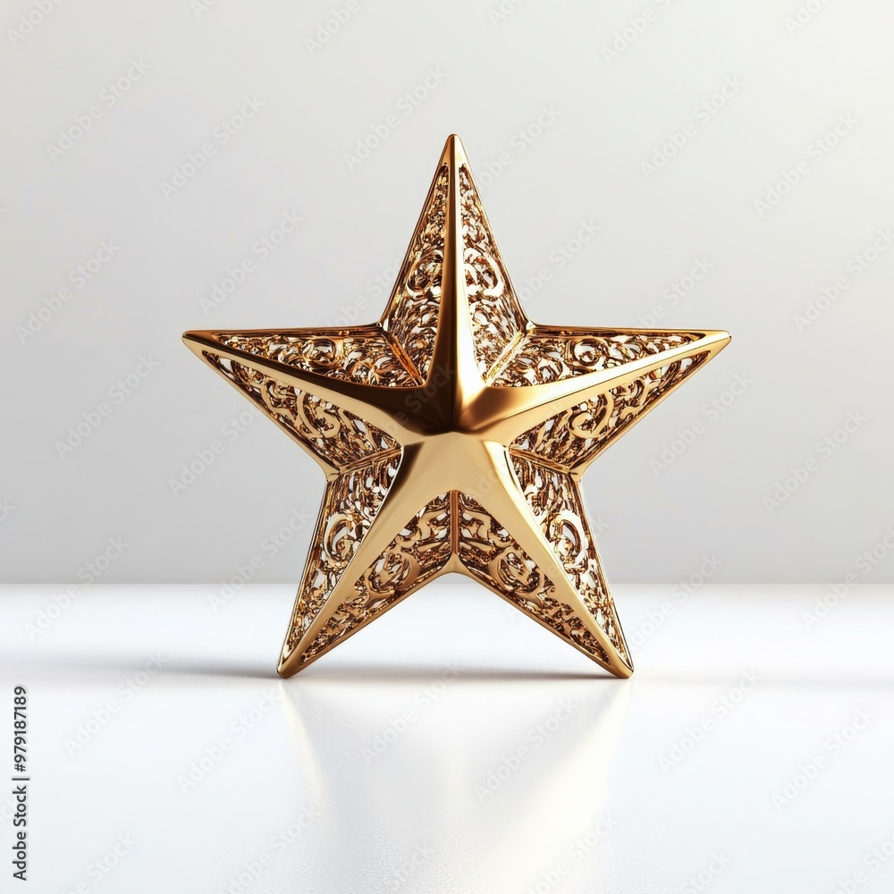 A reflective 3D golden star with intricate detailing, isolated on a clean white surface, representing success and excellence A reflective 3D golden star with intricate detailing, isolated on a clean white surface, representing success and excellence