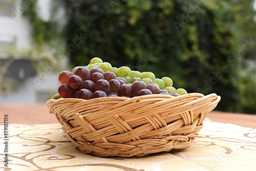 Korb mit saftigen, frischen roten und grünen Weintrauben nach der Weinlese bereit für die Kelterei photo