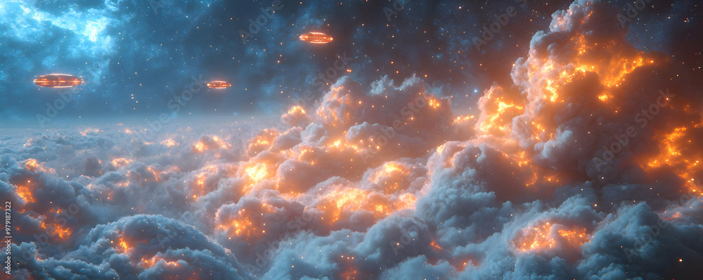3D Illustration of Spaceships Over Alien Planet with Glowing Clouds 3D Illustration of Spaceships Over Alien Planet with Glowing Clouds