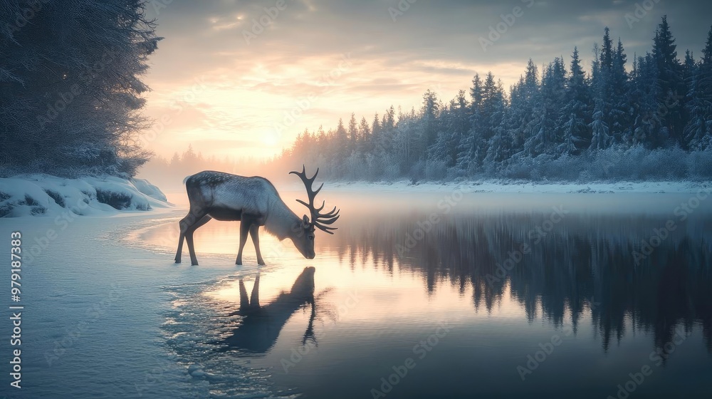 A majestic reindeer standing by a tranquil river at sunset, surrounded by snow-covered trees, capturing the serenity of winter. A majestic reindeer standing by a tranquil river at sunset, surrounded by snow-covered trees, capturing the serenity of winter.
