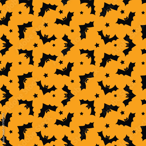 Halloween holiday seamless pattern with flying bats and stars.