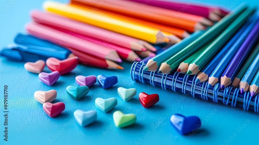 Colorful stationery with heart-shaped erasers on a vibrant blue background. Colorful stationery with heart-shaped erasers on a vibrant blue background.