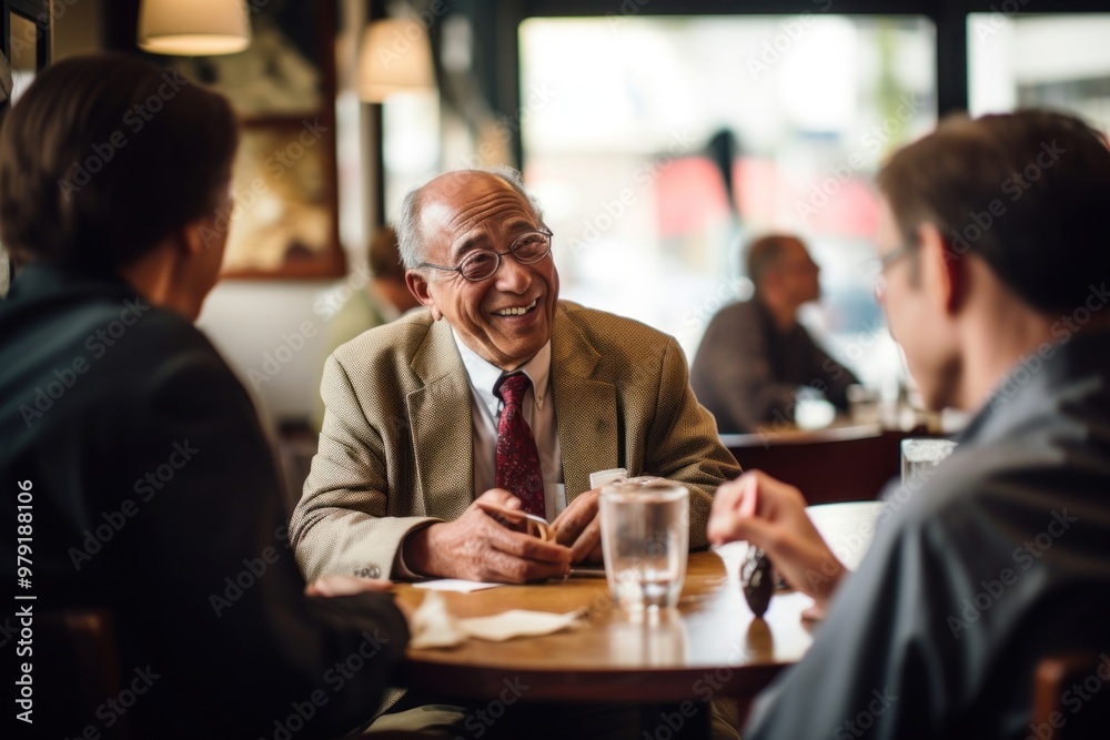 Senior gentleman engaged in a lively conversation with friends at a local cafe restaurant adult togetherness.