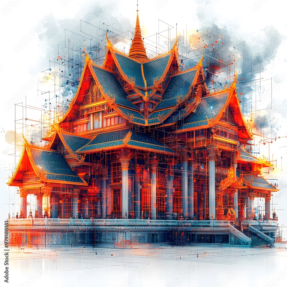Obraz premium Vibrant retro-style Thailand temple with contrasting colors and minimal details, surrounded by modern technology elements. The blessing atmosphere blends with a futuristic vibe, isolated on a white
