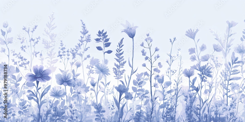 Watercolor painting of blue flowers and leaves on a light blue background. Watercolor painting of blue flowers and leaves on a light blue background.