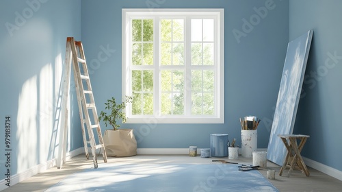 A clean and organized room ready for painting, with tools arranged by the wall and a fresh palette of paint colors selected for the project photo