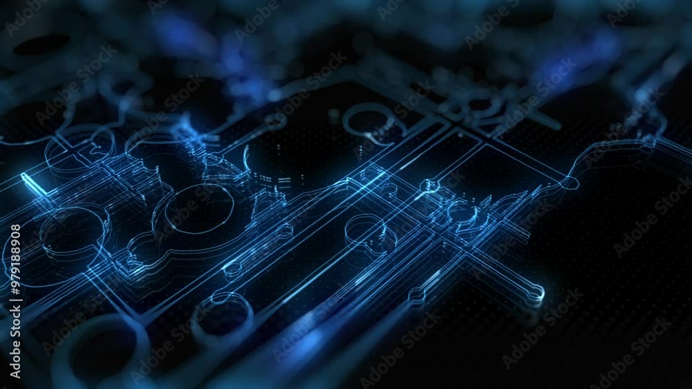 Abstract neon tech background with digital circuits in motion
