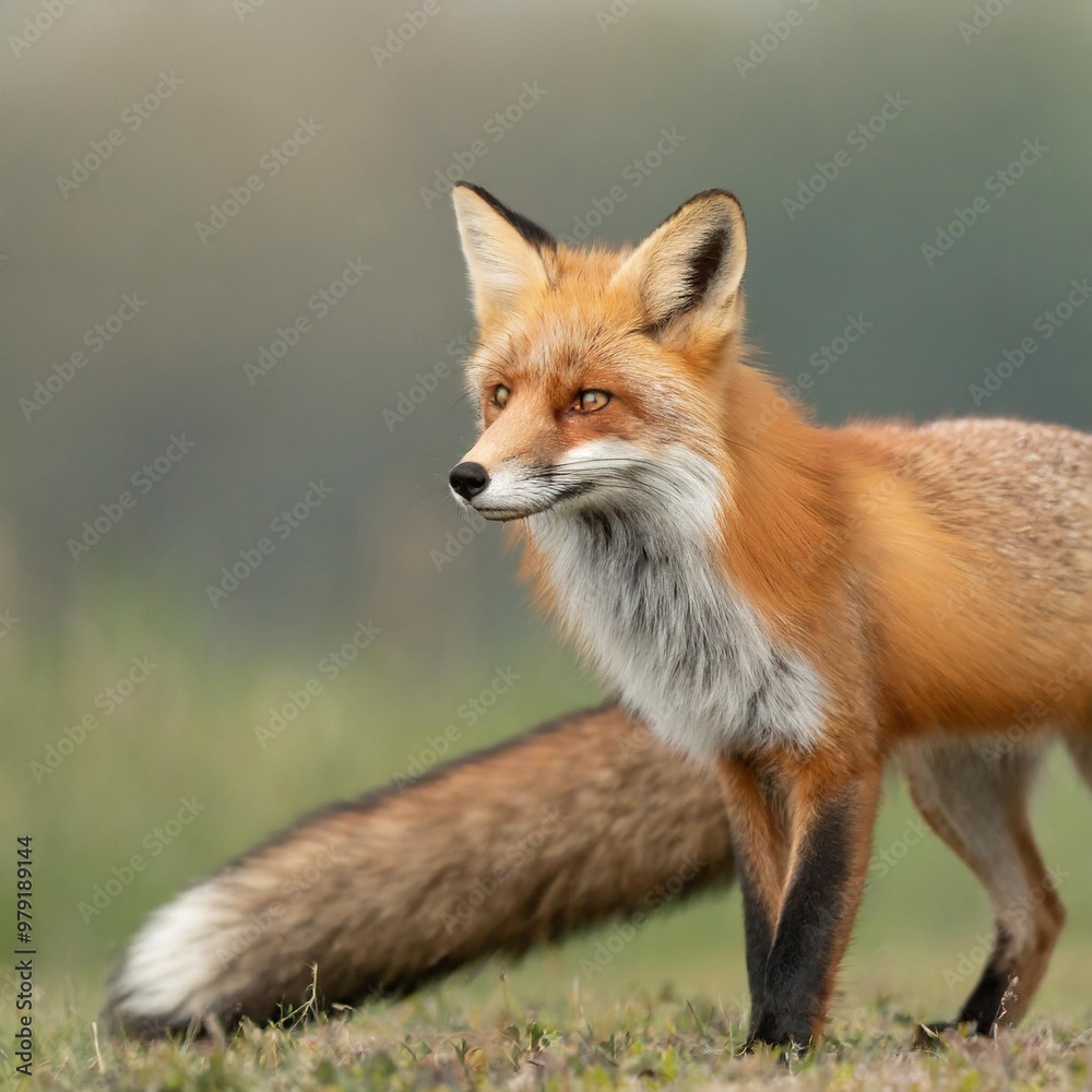 Fototapeta premium Isolated red fox with depth of field showcasing bushy tail and striking fur color