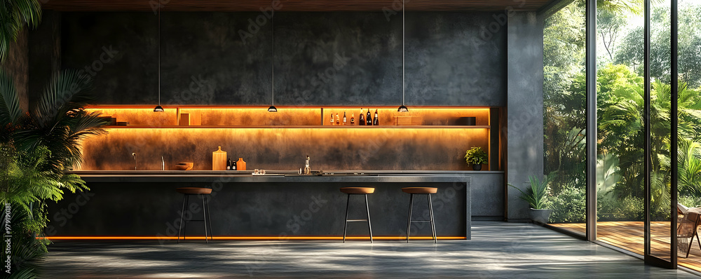 Modern Minimalist Kitchen Illustration with Concrete Island and Tropical Greenery Modern Minimalist Kitchen Illustration with Concrete Island and Tropical Greenery