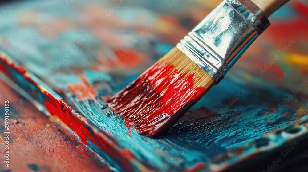 Fototapeta premium A close-up of a paintbrush being dipped into a tray filled with fresh paint, ready for use in a home renovation project