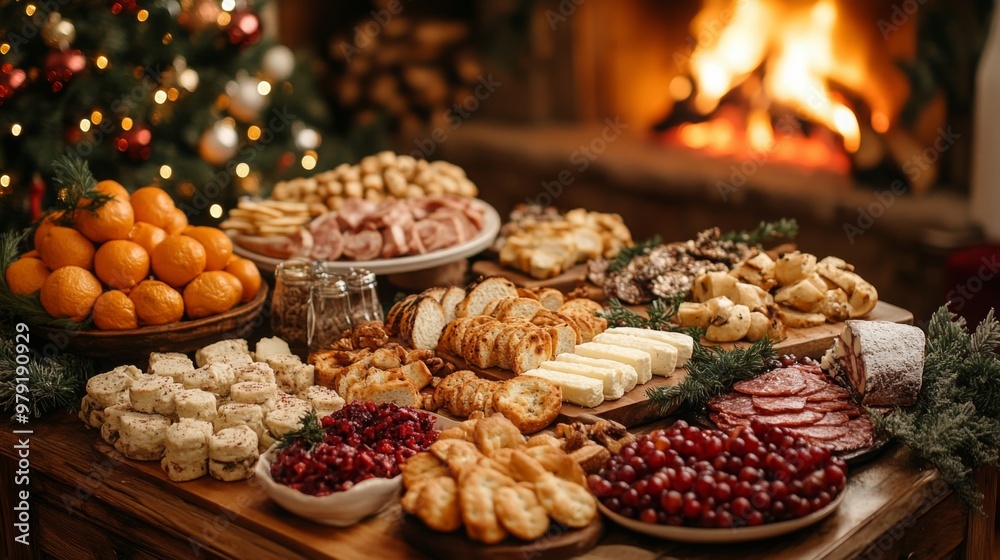 Christmas Feast by the Fireplace: A beautifully arranged Christmas charcuterie board bursting with delicious appetizers and seasonal treats, set against a cozy backdrop of a crackling fireplace and a Christmas Feast by the Fireplace: A beautifully arranged Christmas charcuterie board bursting with delicious appetizers and seasonal treats, set against a cozy backdrop of a crackling fireplace and a