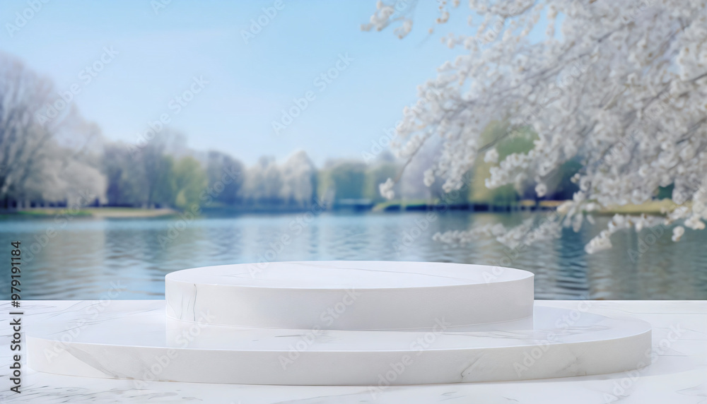 Fototapeta premium White marble podium with water background in spring