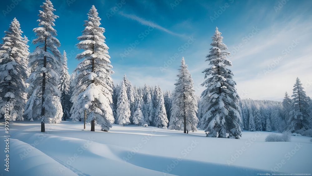 Naklejka premium Snow-Covered Forest Winter Wallpaper