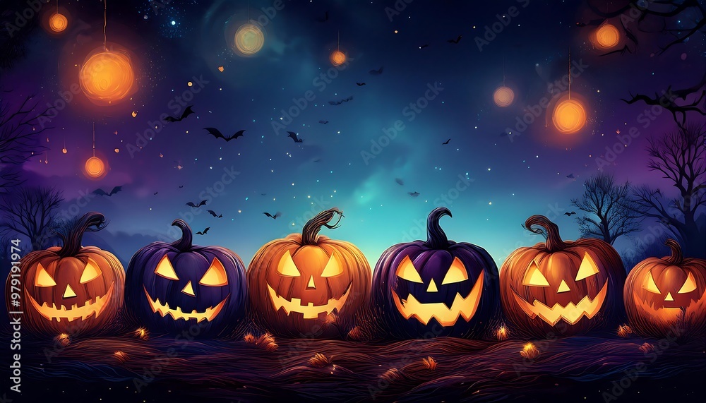 Halloween Jack O Lantern Faces with Starry Night Sky. Grinning Pumpkin Silhouettes Line the Bottom of the Scene, Set Against a Starry Night. Graphic art illustration