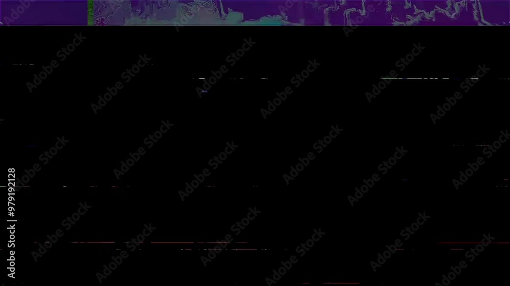 Digital distortion. System damage. Signal error with real glitch purple green line noise on black.