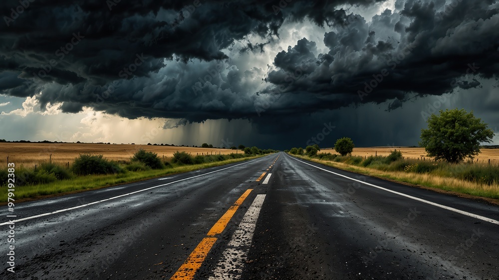 Road Into The Storm. Dramatic Stormy Skies, Dark Clouds and Lightning Landscape. Ideal for Wallpaper or Background. Road Into The Storm. Dramatic Stormy Skies, Dark Clouds and Lightning Landscape. Ideal for Wallpaper or Background.