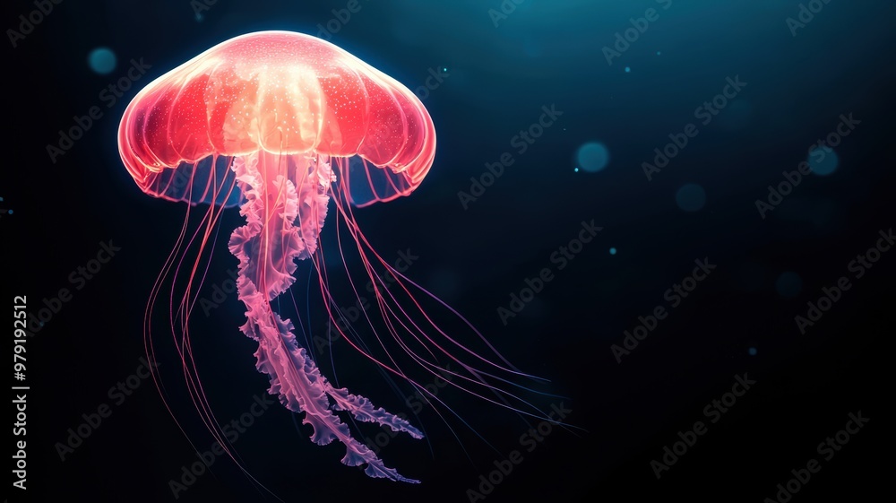 A glowing pink jellyfish gracefully floats in the dark ocean, creating a mesmerizing and serene underwater scene. A glowing pink jellyfish gracefully floats in the dark ocean, creating a mesmerizing and serene underwater scene.