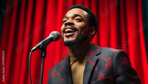 African american man comic with old microphone on theater stage on red curtains background. Concept banner standup comedian show isolated with white highlights, png