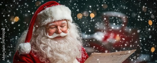 A joyful Santa Claus reads a letter while snow gently falls, creating a magical holiday atmosphere in a winter wonderland.