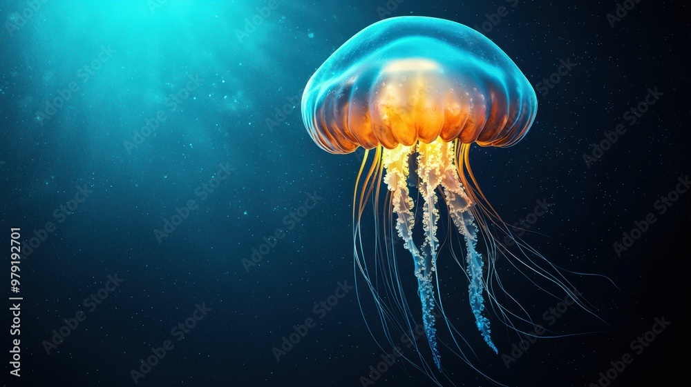 A mesmerizing image of a glowing jellyfish floating in deep, dark ocean waters captured in vibrant and crisp detail. A mesmerizing image of a glowing jellyfish floating in deep, dark ocean waters captured in vibrant and crisp detail.