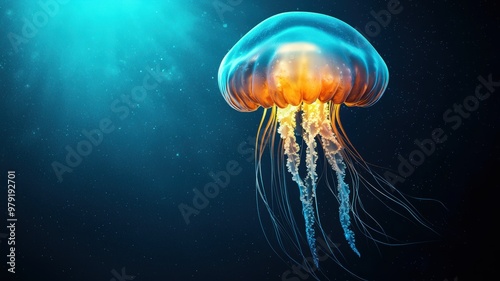 A mesmerizing image of a glowing jellyfish floating in deep, dark ocean waters captured in vibrant and crisp detail.