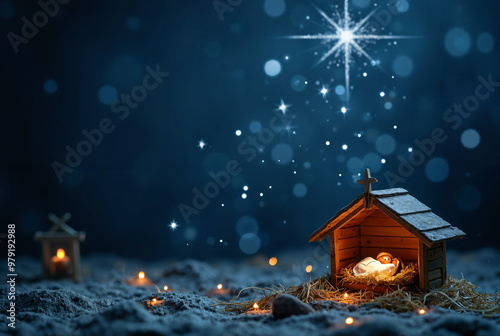 Serene Nativity Scene: Jesus in Manger Under Starry Sky - Perfect for Christmas Cards, Church Bulletins & Holiday Ads photo