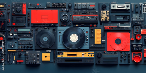 3D Illustration of Retro Audio Equipment: Vinyl Records, Cassette Tapes, and Vintage Stereo Systems photo