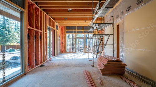 A construction project for a new home, featuring walls being painted and interior improvements in progress, with scaffolding and renovation materials visible