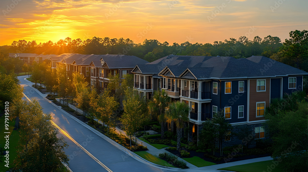 Golden Hour Sunrise Photo Over Modern Townhomes Street Golden Hour Sunrise Photo Over Modern Townhomes Street