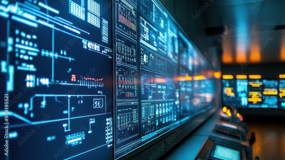 A detailed view of a gas pipeline control room, where engineers monitor the real-time flow and distribution of natural gas through advanced digital systems A detailed view of a gas pipeline control room, where engineers monitor the real-time flow and distribution of natural gas through advanced digital systems