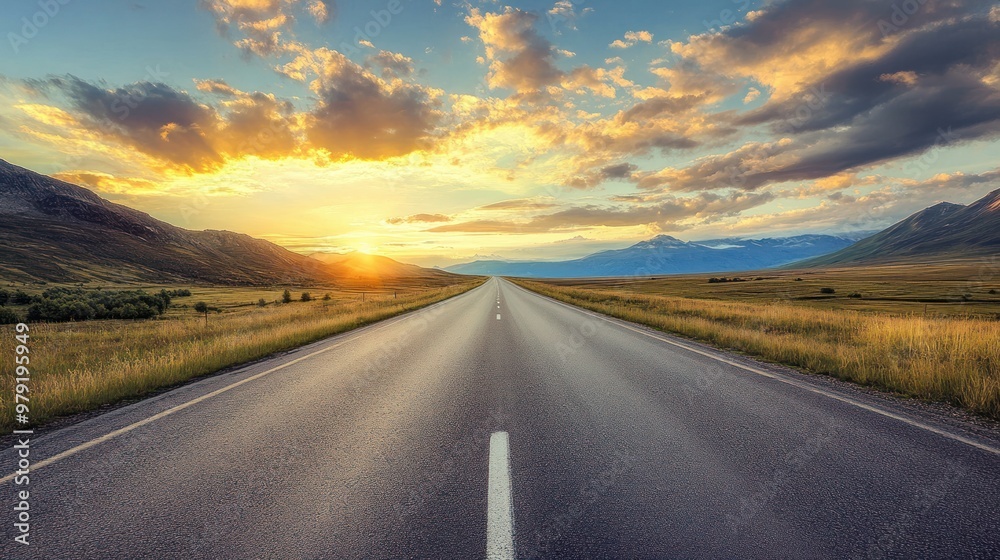 Close up view of asphalt road and mountains with sunset view. Ai generated image Close up view of asphalt road and mountains with sunset view. Ai generated image