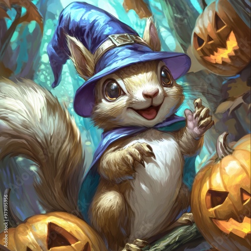 A tiny wizard squirrel in a pumpkinfilled forest casts spells photo