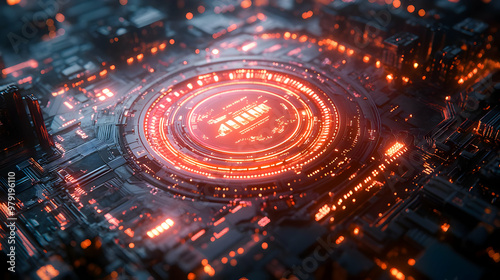 3D Illustration of a Futuristic Circuit Board with Glowing Orange Lights and a Central Processing Unit