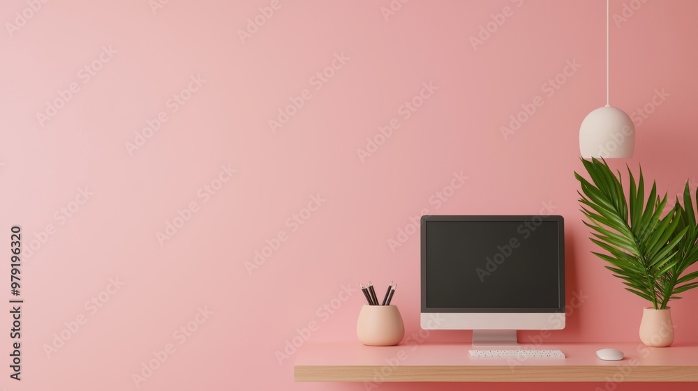 Minimalist workspace with computer, pink background, and green plant. Modern pastel home office interior design. Minimalist workspace with computer, pink background, and green plant. Modern pastel home office interior design.