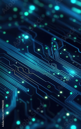 3D illustration of a blue and green abstract PCB Printed Circuit Board background