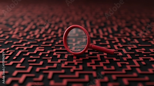 Red magnifying glass on intricate black and red maze pattern symbolizes search, focus, and discovery in a complex environment.