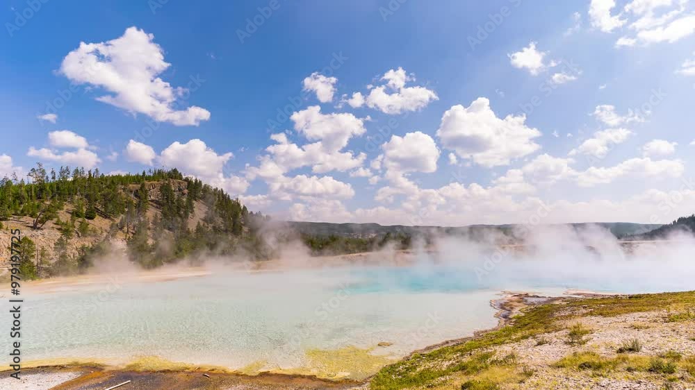 A stunning timelapse of hot springs in Yellowstone National Park, with steam rising from turquoise waters and clouds drifting across a bright blue sky. A stunning timelapse of hot springs in Yellowstone National Park, with steam rising from turquoise waters and clouds drifting across a bright blue sky.