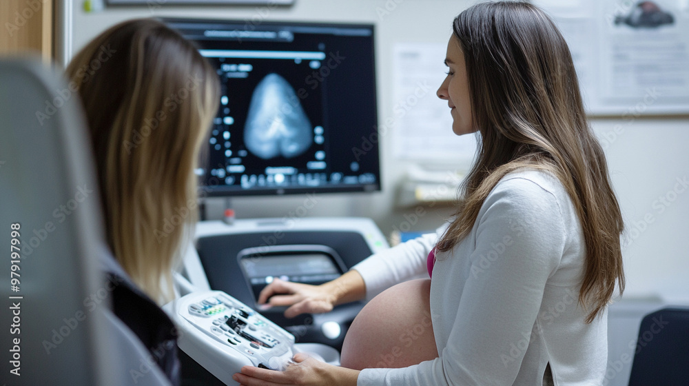 A health professional performing an ultrasound on a pregnant woman in a clinic A health professional performing an ultrasound on a pregnant woman in a clinic