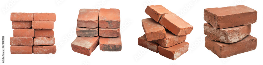 Collection of red bricks arranged in various stacks, showcasing different textures and styles for construction and design purposes. isolated on a transparent background Collection of red bricks arranged in various stacks, showcasing different textures and styles for construction and design purposes. isolated on a transparent background