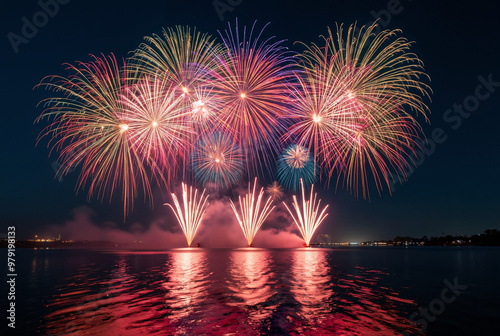 Dazzling Fireworks Reflect on Serene Water: Perfect for Holiday Marketing, Event Promotion, and Tourism Campaigns