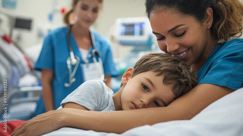 A mother comforting her sick child in a pediatric ward, with nurses in the background A mother comforting her sick child in a pediatric ward, with nurses in the background