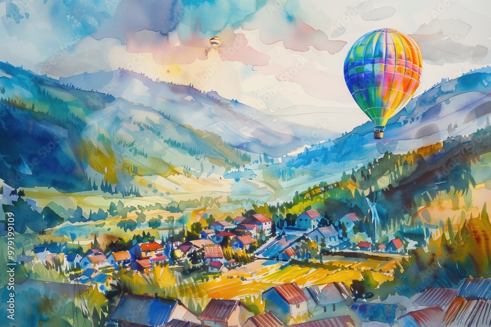 Fototapeta premium hot air balloon flight over villages