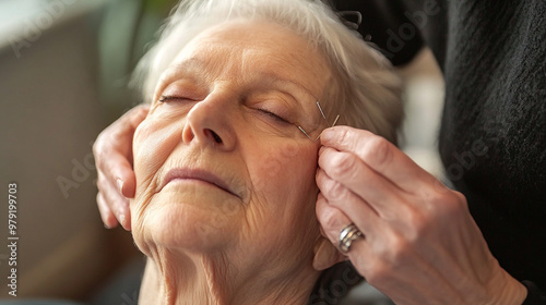 A senior woman receiving acupuncture treatment at an alternative medicine clinic