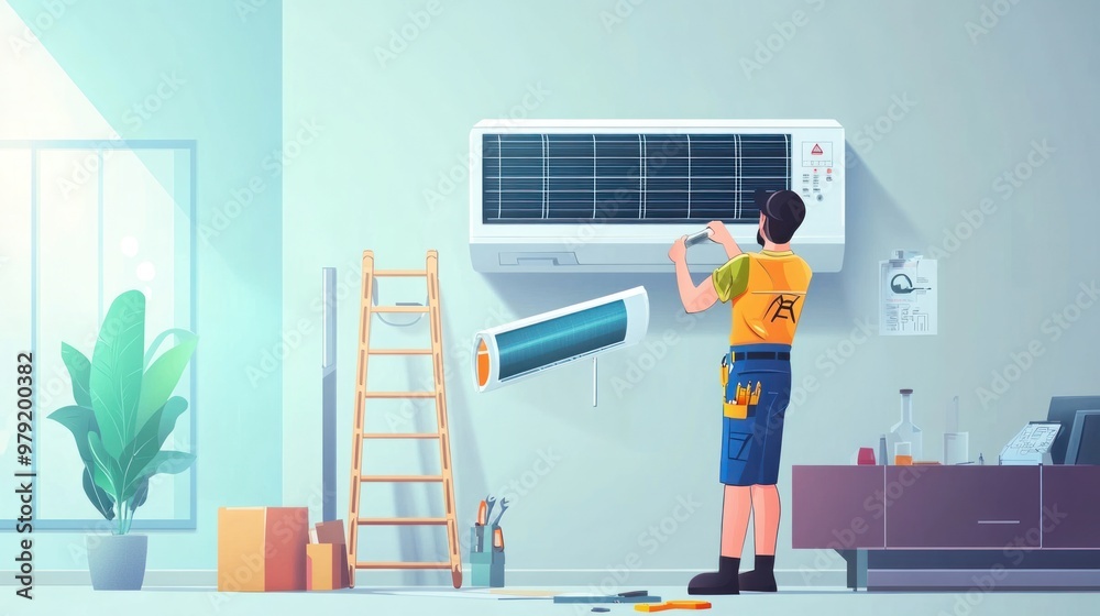 Naklejka premium A handyman conducting air conditioner installation in a living room, with tools neatly arranged and a ladder positioned for easy access to the system
